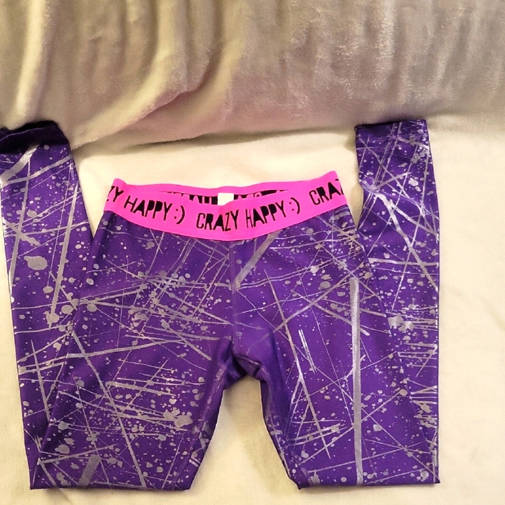 Zumba Purple Splatter Print Leggings with Pink Waistband Size S.